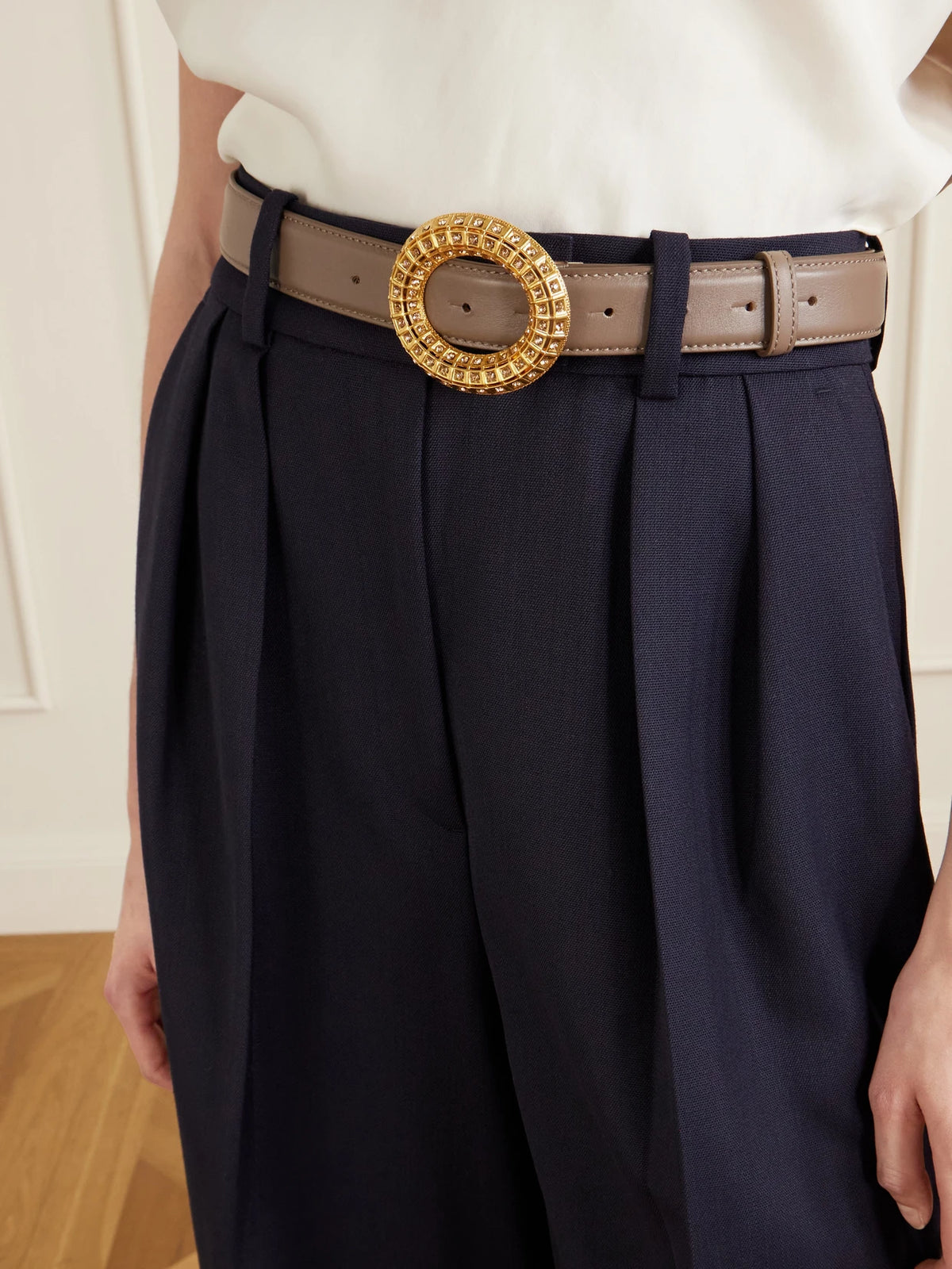 Image of Belts. Product name - Lobster Vibe Gold-tone, Leather And Crystal Belt in Taupe colour by brand - Sonia Petroff