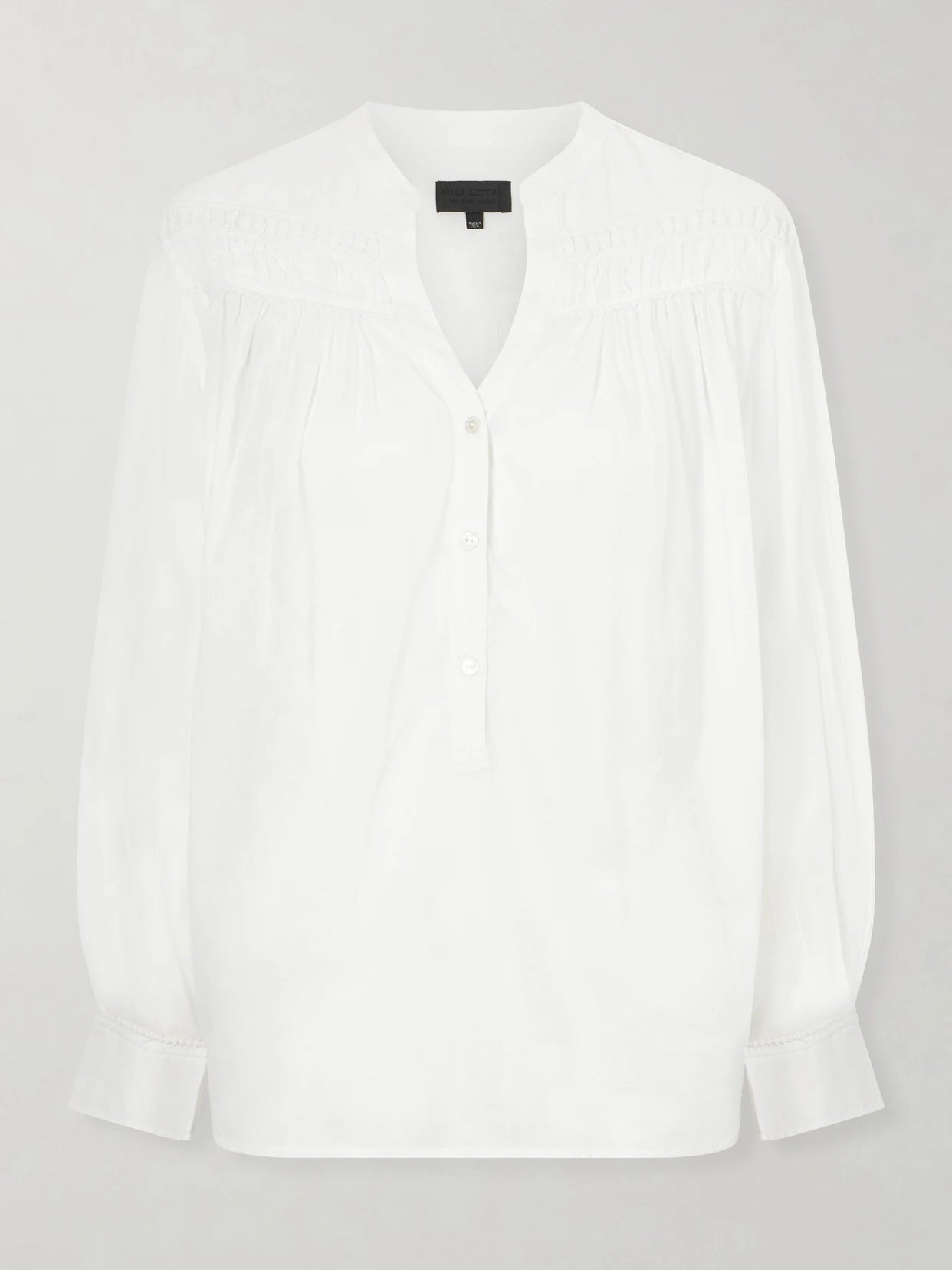 Image of a model wearing Tops. Product name - Clarys Embroidered Gathered Cotton-voile Blouse in Ivory colour by brand - Nili Lotan