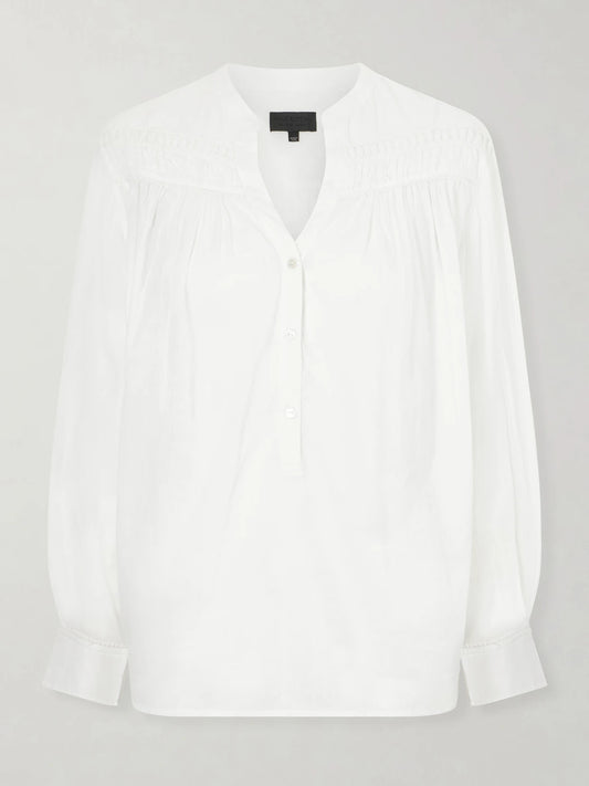 Image of a model wearing Tops. Product name - Clarys Embroidered Gathered Cotton-voile Blouse in Ivory colour by brand - Nili Lotan