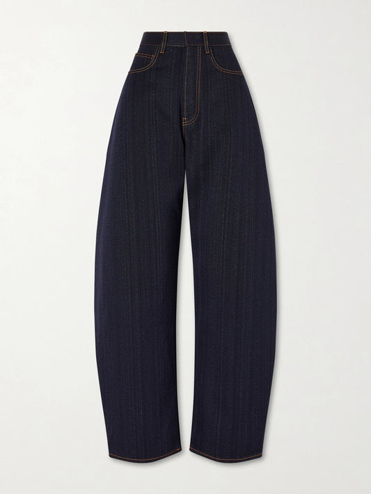 Image of Jeans. Product name - Denim High-rise Barrel-leg Jeans in Dark denim colour by brand - Alaïa