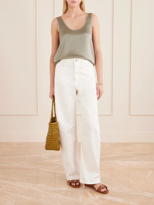 Image of a model wearing Tops. Product name - Lea Silk Tank in Gray green colour by brand - Anine Bing