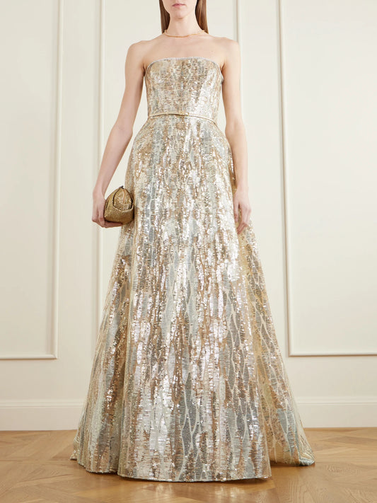 Image of Dresses. Product name - Strapless Belted Sequin-embellished Tulle Gown in Metallic colour by brand - Elie Saab