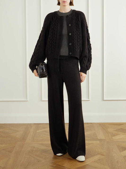 Image of a model wearing Outerwear. Product name - Winroe Cable-knit Cashmere Cardigan in Brown colour by brand - LISA YANG