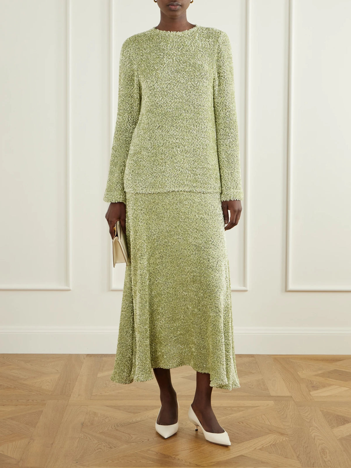 Image of Outfit Sets. Product name - Elora Cut-out Lurex Chenille Blouse in Light green colour by brand - LIBEROWE