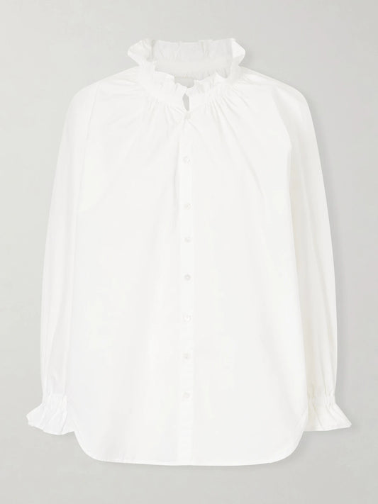 Image of a model wearing Tops. Product name - Loretta Ruched Cotton-poplin Shirt in White colour by brand - Citizens of Humanity