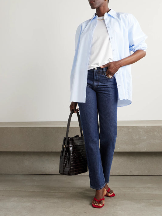 Image of Jeans. Product name - Garderob Organic Low-rise Straight-leg Jeans in Indigo colour by brand - TOTEME