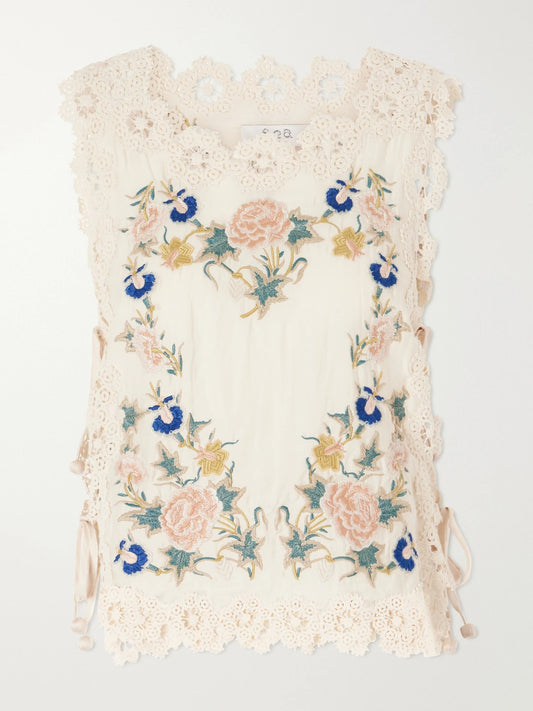 Image of a model wearing Tops. Product name - Adonna Floral-embroidered Crochet-trimmed Cotton Tank in Cream colour by brand - Sea