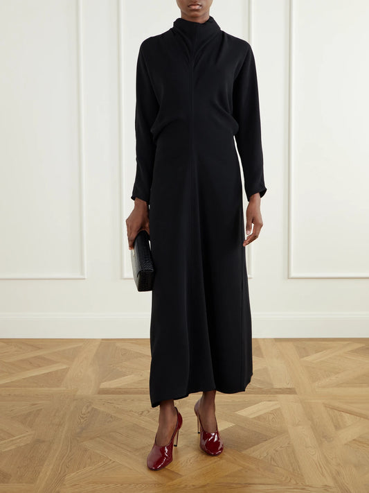 Image of Dresses. Product name - Tie-detailed Draped Cady Maxi Dress in Black colour by brand - TOTEME