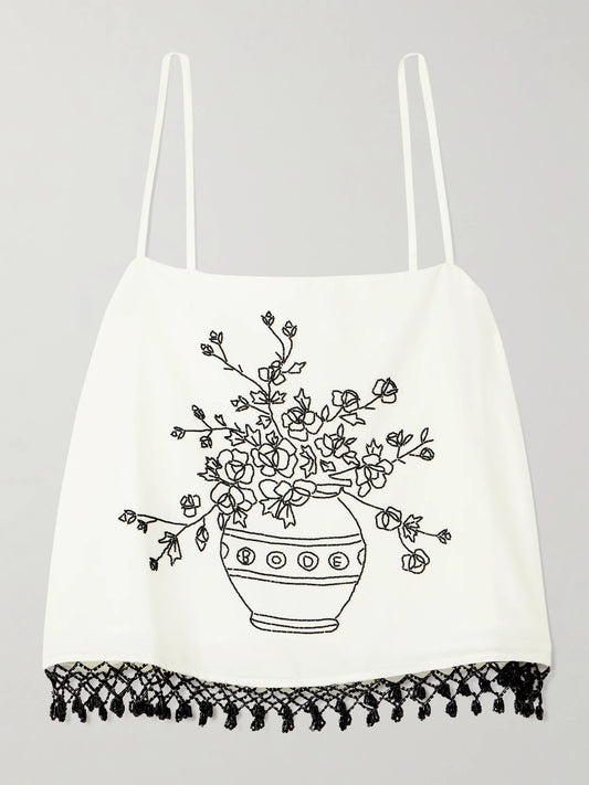 Image of a model wearing Tops. Product name - Rosebloom Cropped Bead-embellished Fringed Cotton And Silk-blend Top in White colour by brand - BODE