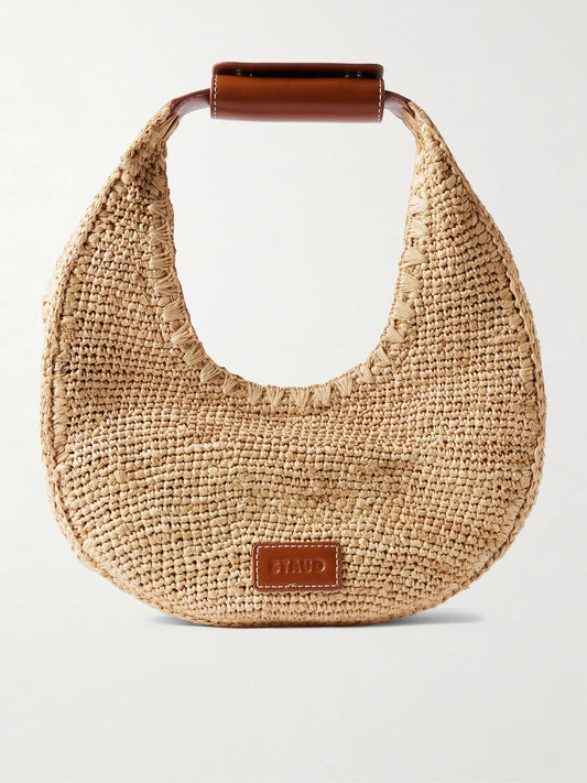 Moon Leather-trimmed Raffia Tote