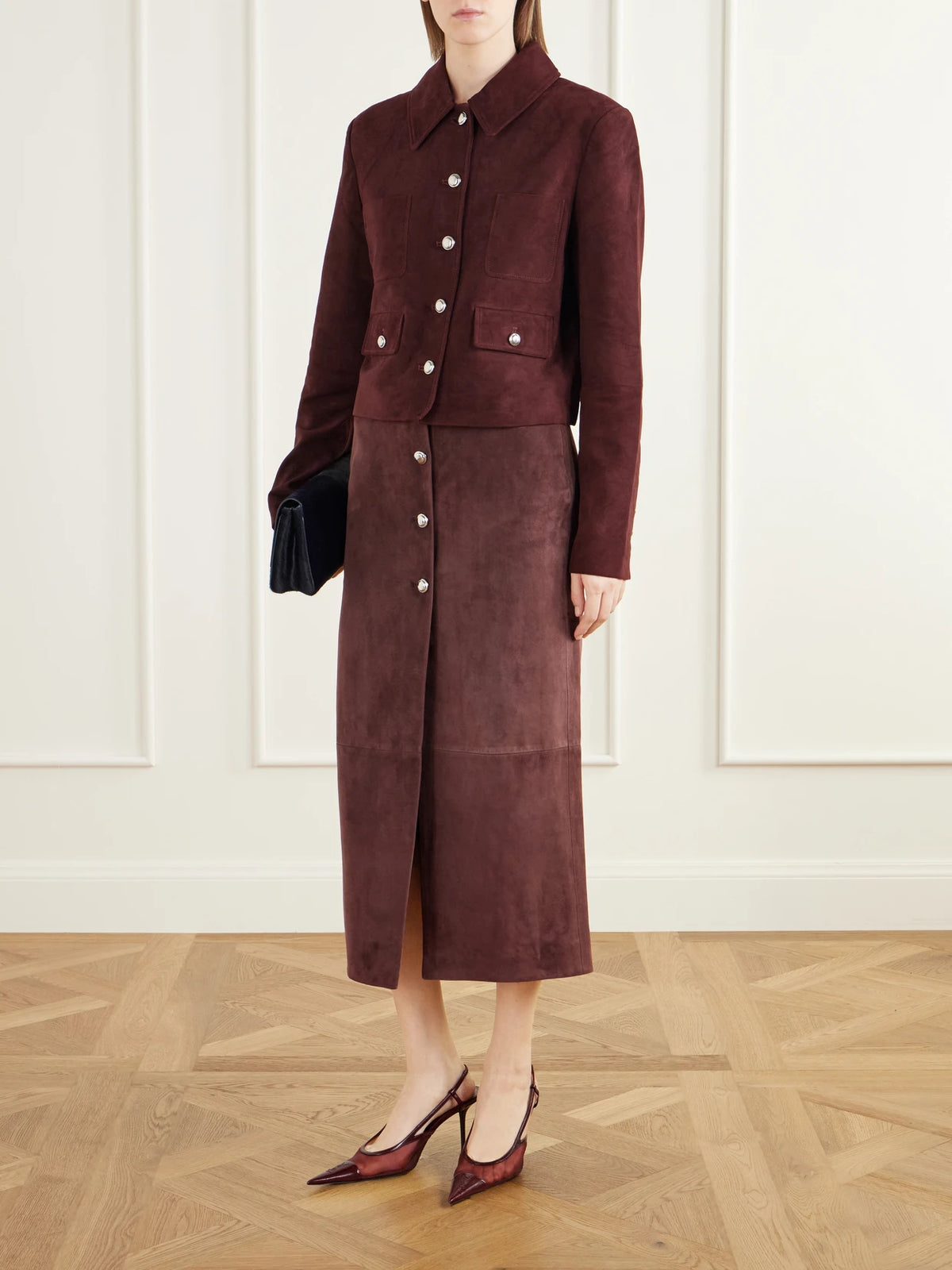 Image of Coats & Jackets. Product name - Astley Cropped Suede Jacket in Burgundy colour by brand - Altuzarra