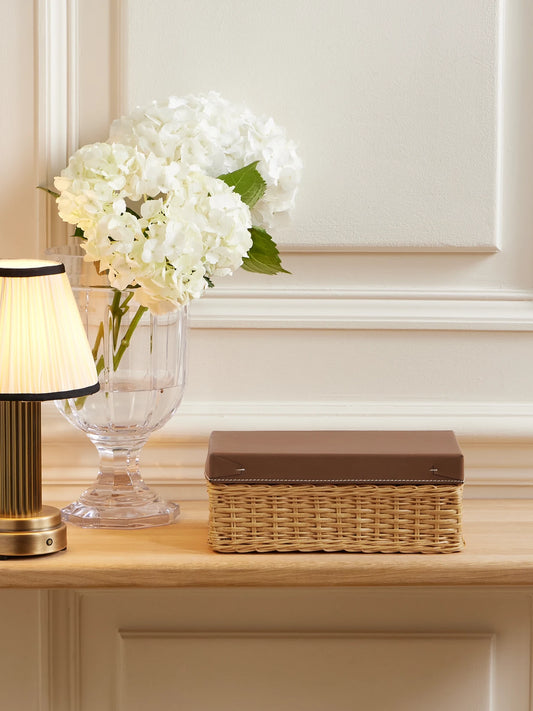 Image of Decor. Product name - Bailey Small Wicker And Embossed Leather Box in Brown colour by brand - Ralph Lauren Home
