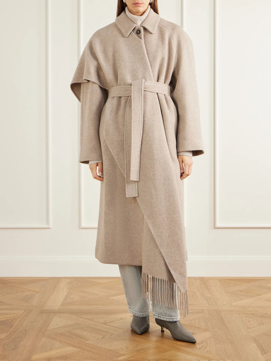 OSSOU Canyon Belted Scarf-detailed Fringed Wool-blend Coat