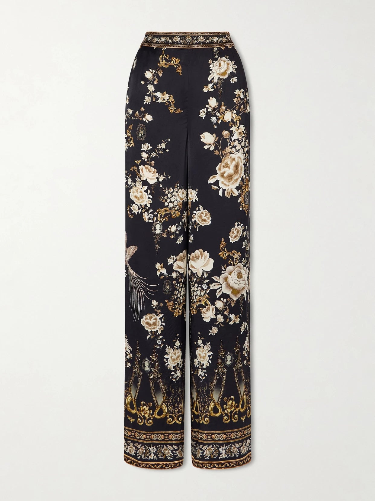 Embellished Embroidered Printed Silk-satin Pants