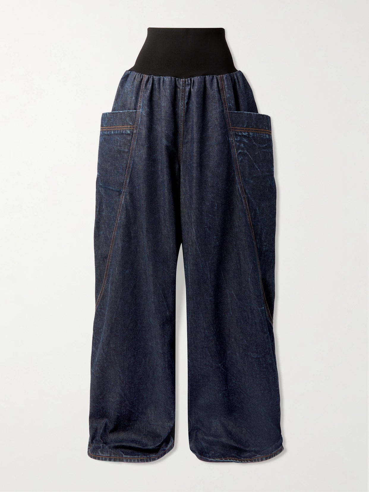 Image of Jeans. Product name - Jersey-trimmed High-rise Wide-leg Jeans in Dark denim colour by brand - Alaïa