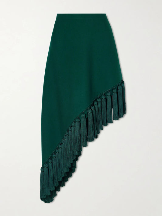 Image of a model wearing Skirts. Product name - Tassle Fringed Asymmetric Wool-gabardine Midi Skirt in Dark green colour by brand - Alaïa