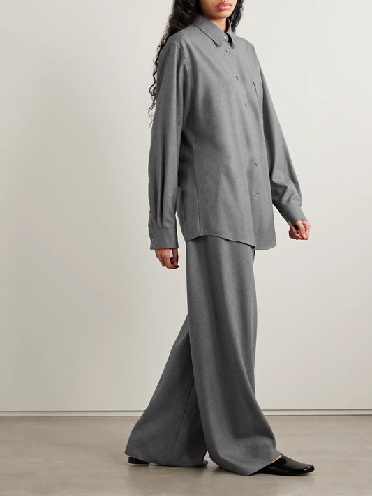 Image of a model wearing Tops. Product name - Pino Oversized Wool-twill Shirt in Gray colour by brand - The Row