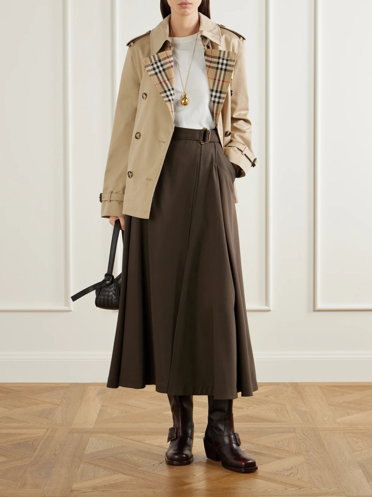 Image of Coats & Jackets. Product name - Double-breasted Belted Checked Cotton-gabardine Trench Coat in Beige, Black colour by brand - Burberry
