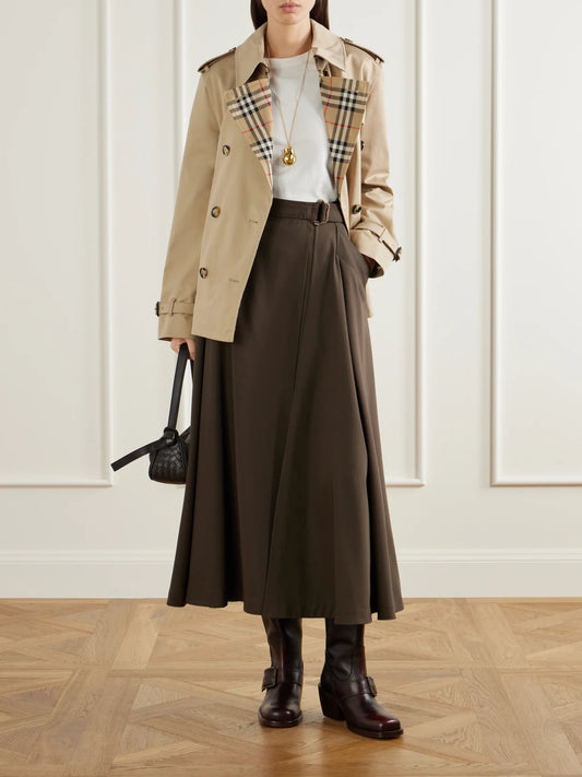 Image of Coats & Jackets. Product name - Double-breasted Belted Checked Cotton-gabardine Trench Coat in Beige, Black colour by brand - Burberry