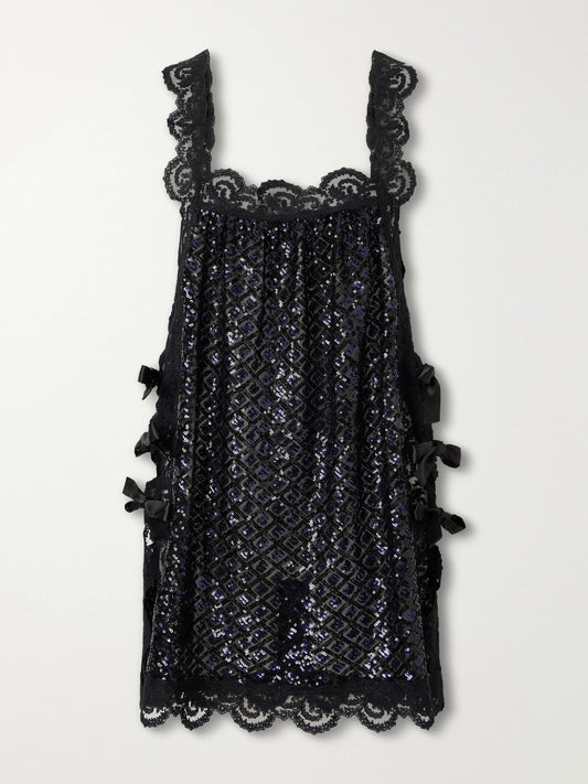 Loretta Caponi Fiocchini Bow-detailed Sequin-embellished Lace-trimmed Organza Mini Dress