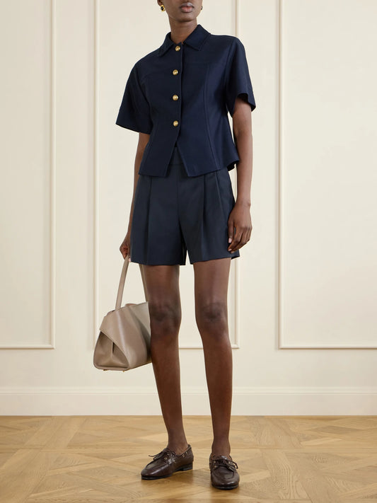 Image of a model wearing Tops. Product name - Paneled Cotton-piqué Shirt in Navy colour by brand - Max Mara