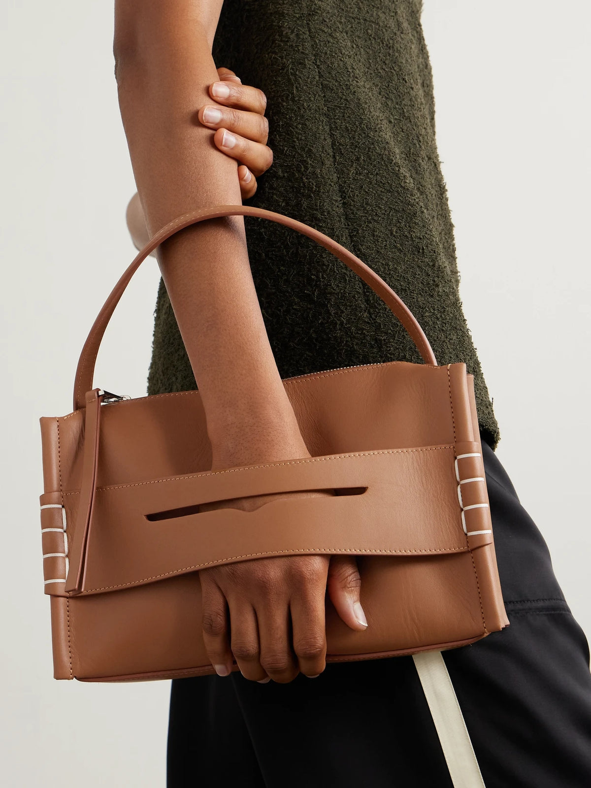 Image of Bags. Product name - Loafer Embroidered Leather Shoulder Bag in Tan colour by brand - JW Anderson