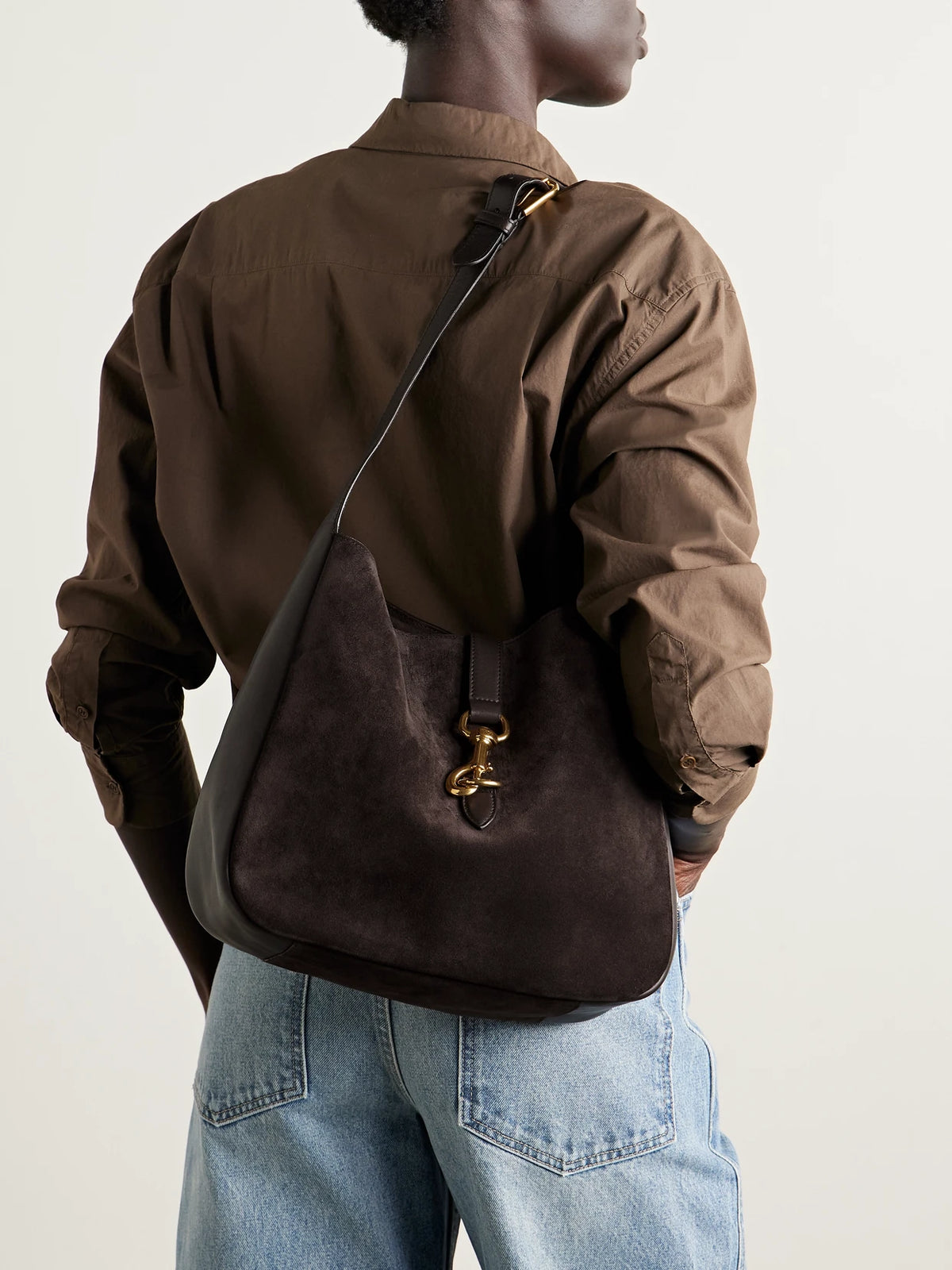 Image of Bags. Product name - Anita Suede And Leather Shoulder Bag in Chocolate colour by brand - Nili Lotan
