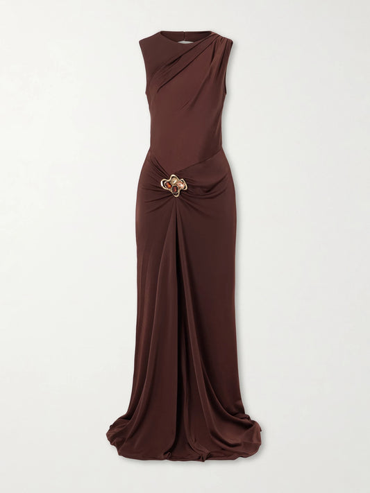 Hazine Open-back Ruched Embellished Jersey Gown
