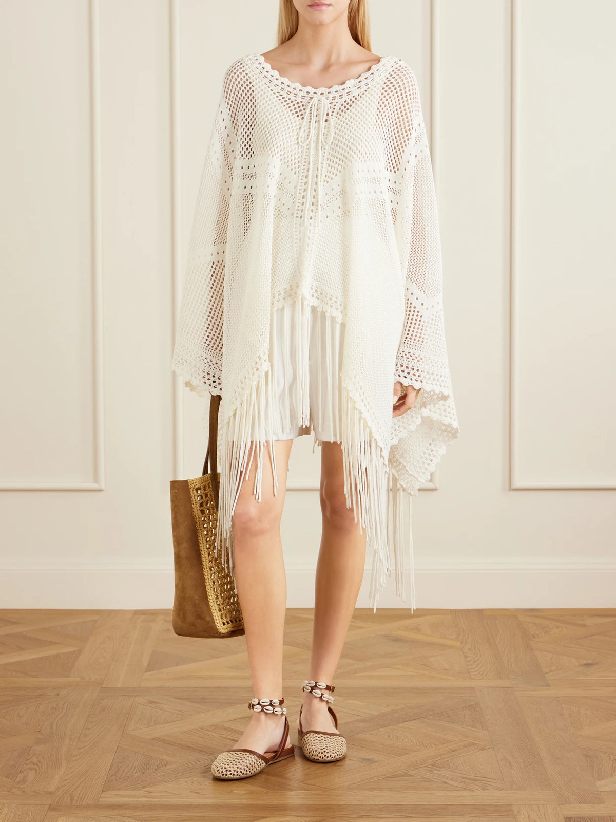 Image of Sandals. Product name - Filothea Embellished Leather-trimmed Crocheted Sandals in Beige colour by brand - Ancient Greek Sandals