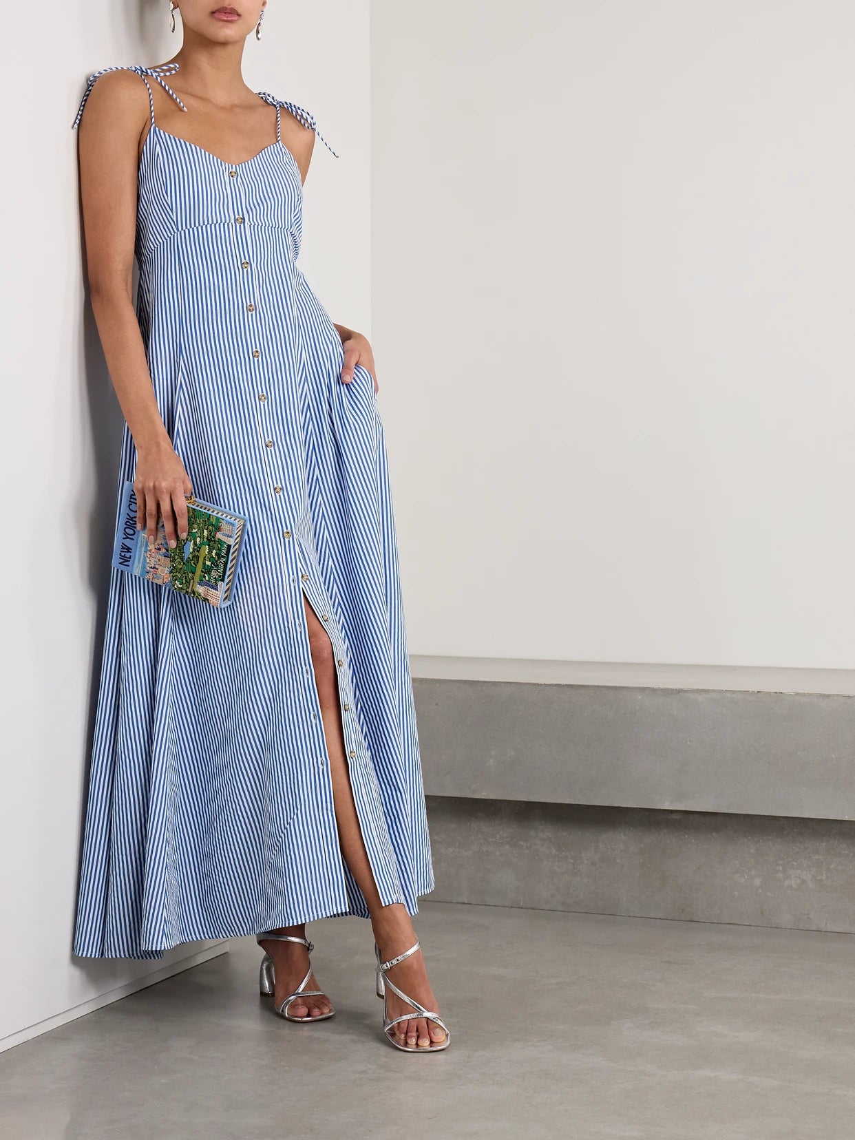 Image of Dresses. Product name - High Garden Pleated Striped Poplin Maxi Dress in Blue colour by brand - Rosie Assoulin