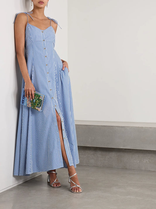 Image of Dresses. Product name - High Garden Pleated Striped Poplin Maxi Dress in Blue colour by brand - Rosie Assoulin