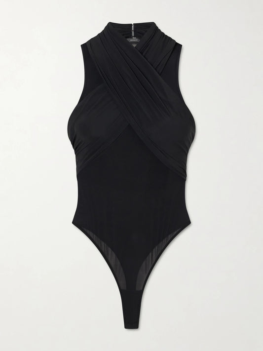 Image of a model wearing Tops. Product name - Mesh Bodysuit in Black colour by brand - WARDROBE. NYC