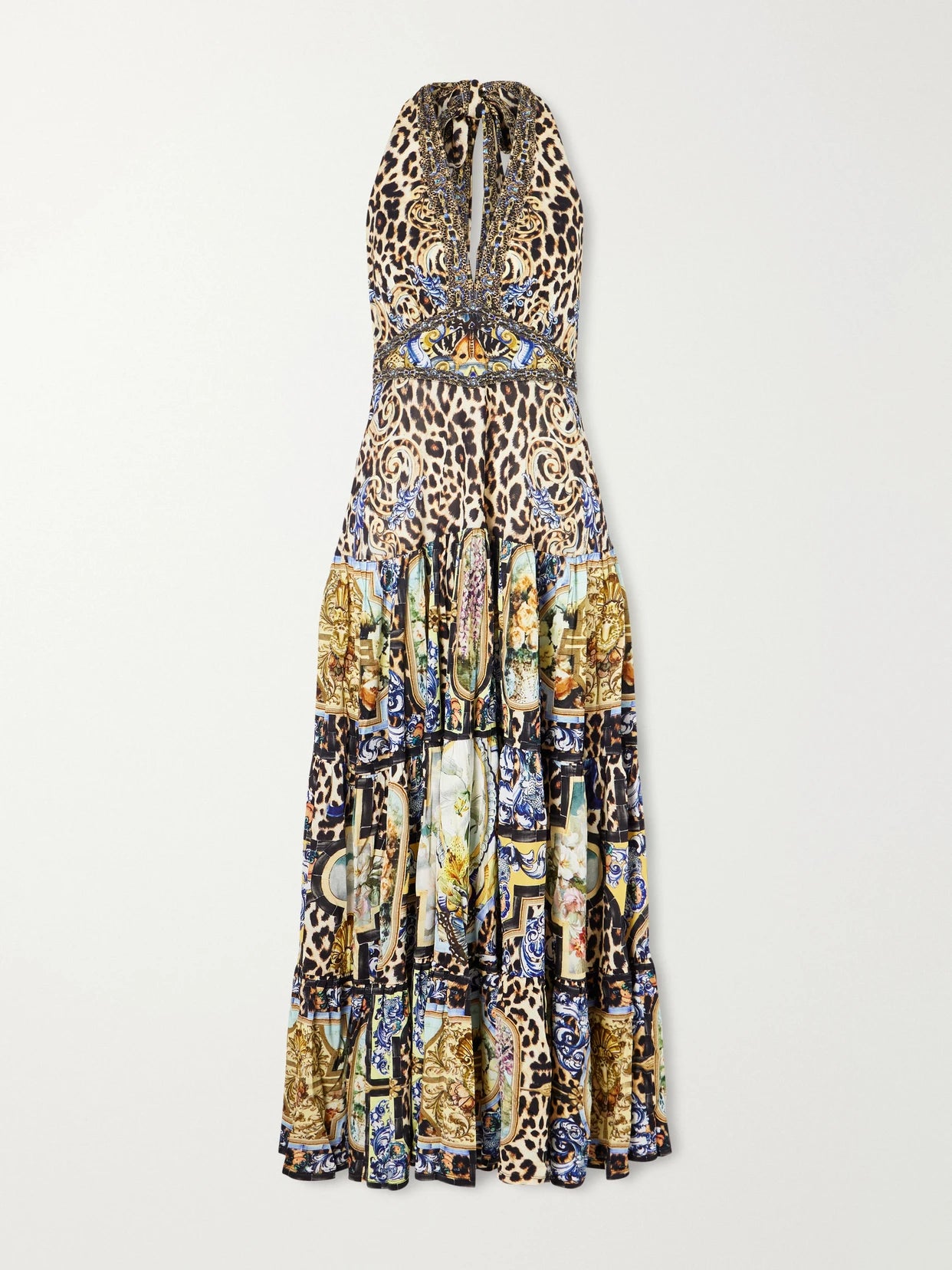 Image of Dresses. Product name - Tiered Crystal-embellished Printed Jersey Maxi Dress in Multi colour by brand - Camilla