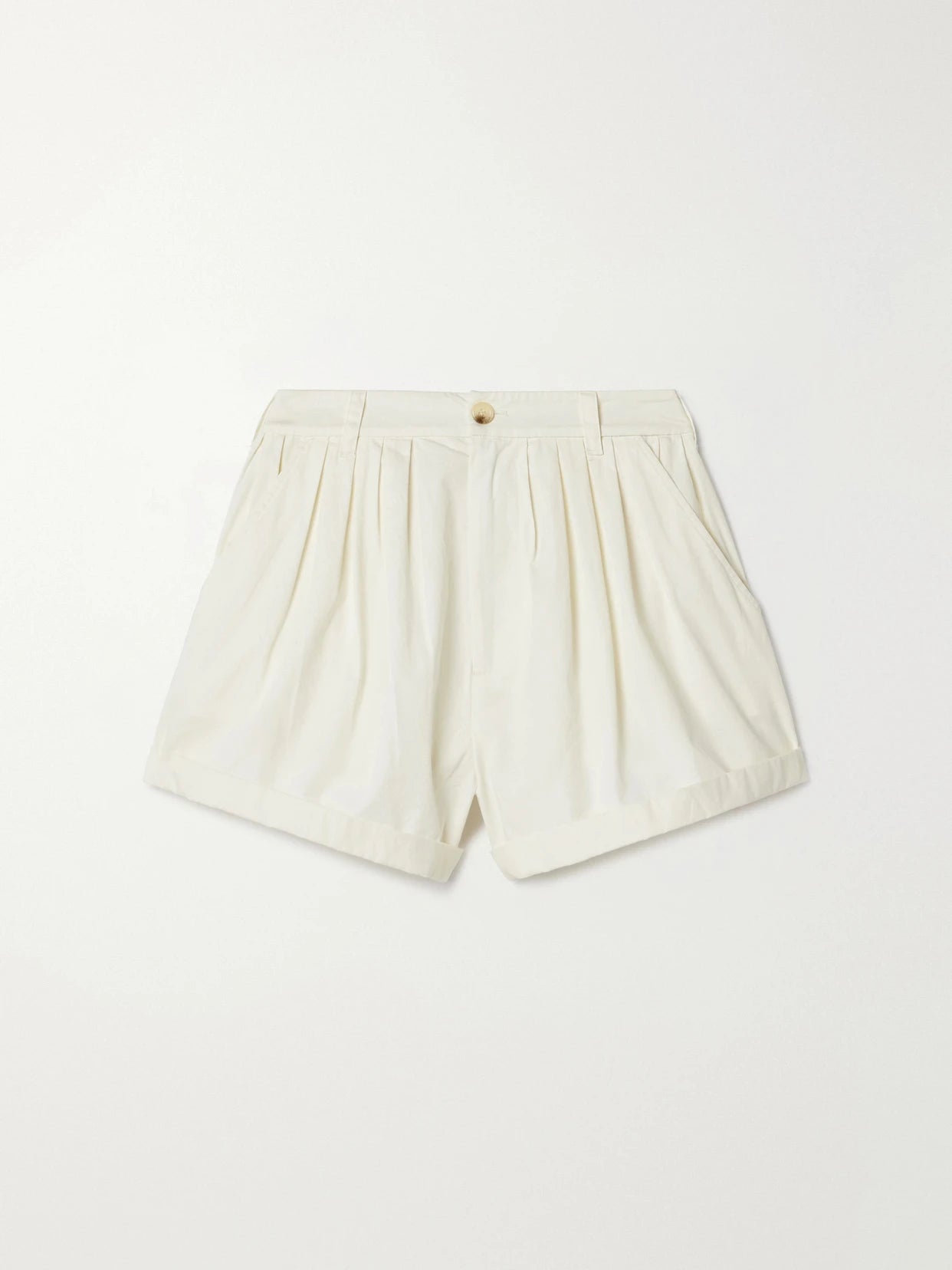 Image of a model wearing Shorts. Product name - Paige Pleated Organic Cotton-poplin Shorts in White colour by brand - DÔEN