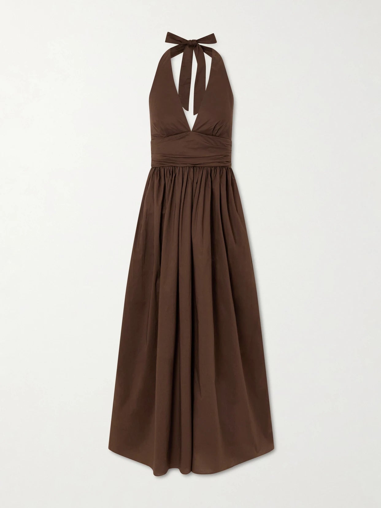 Image of Dresses. Product name - Gathered Organic Cotton-poplin Halterneck Maxi Dress in Chocolate colour by brand - Matteau