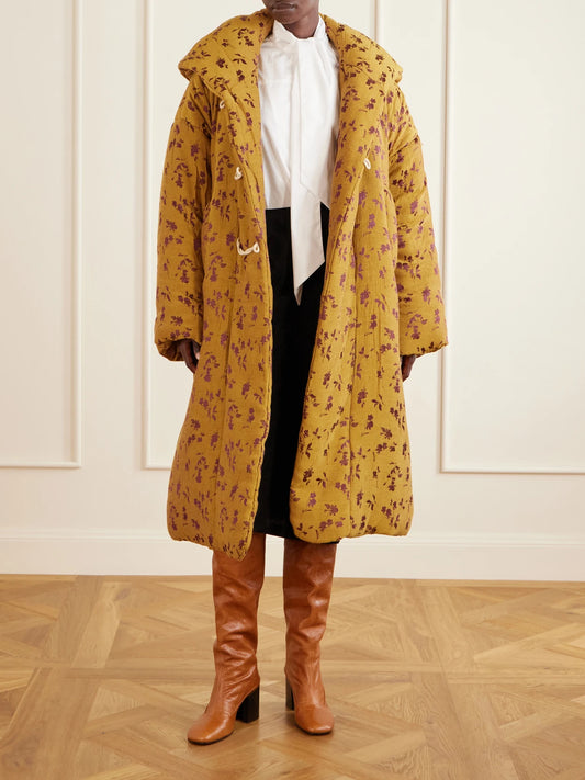 Image of Coats & Jackets. Product name - Hooded Padded Floral-jacquard Long Jacket in Mustard colour by brand - Dries Van Noten