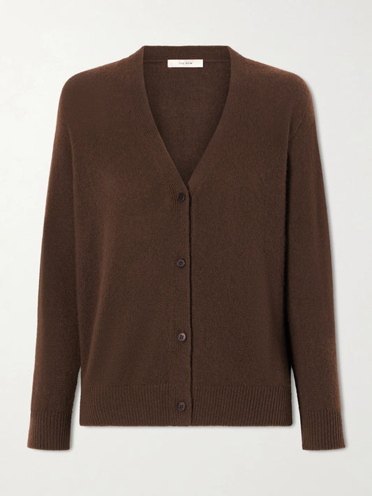 Image of a model wearing Outerwear. Product name - Ovida Cashmere Cardigan in Dark brown colour by brand - The Row