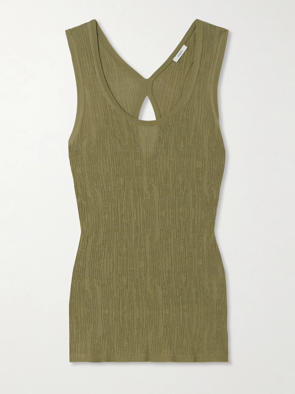 Image of a model wearing Tops. Product name - Bayt Cutout Textured-knit Tank in Army green colour by brand - Joseph