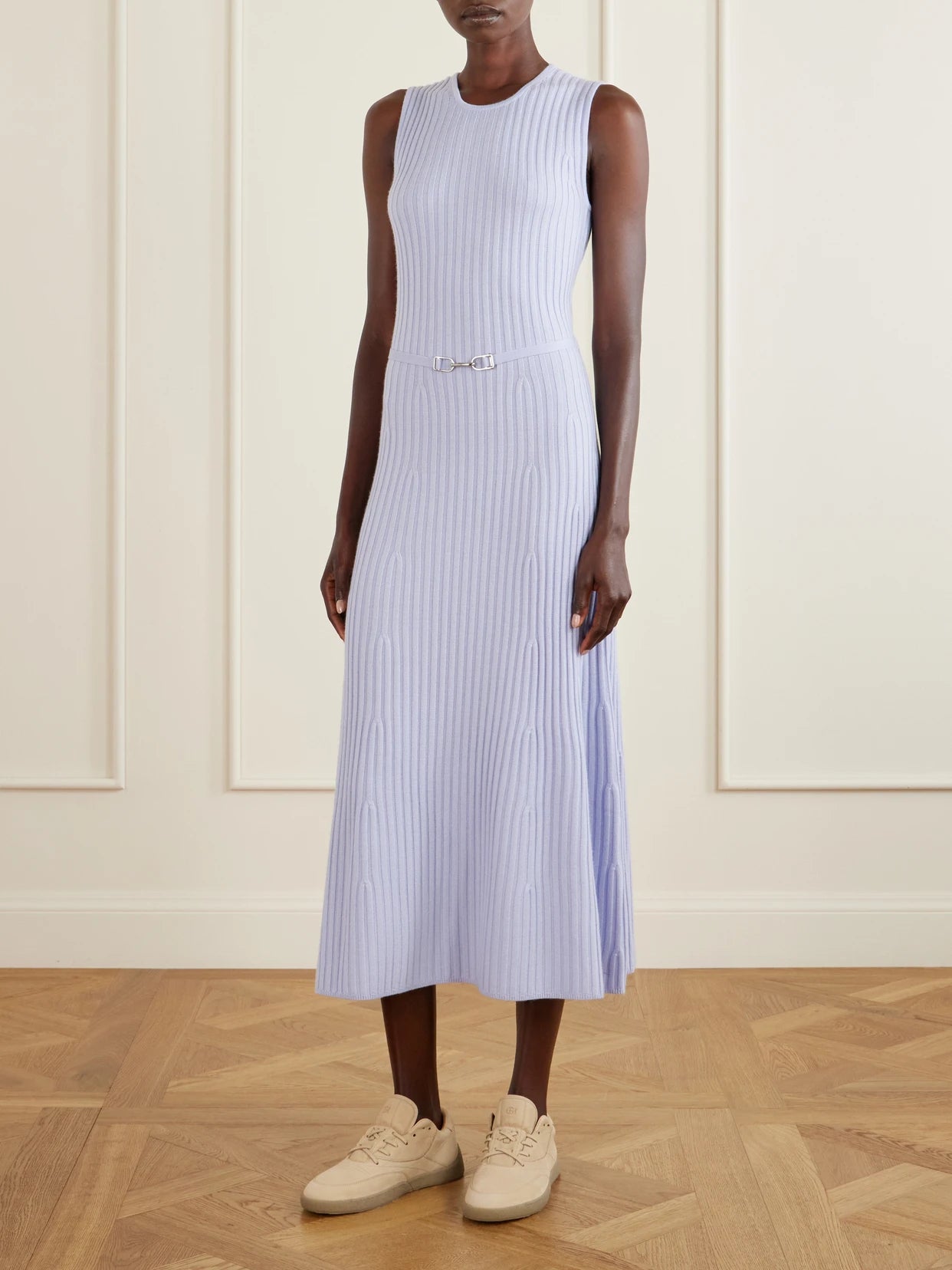 Image of Dresses. Product name - Meier Belted Ribbed Wool And Cashmere-blend Midi Dress in Sky blue colour by brand - Gabriela Hearst