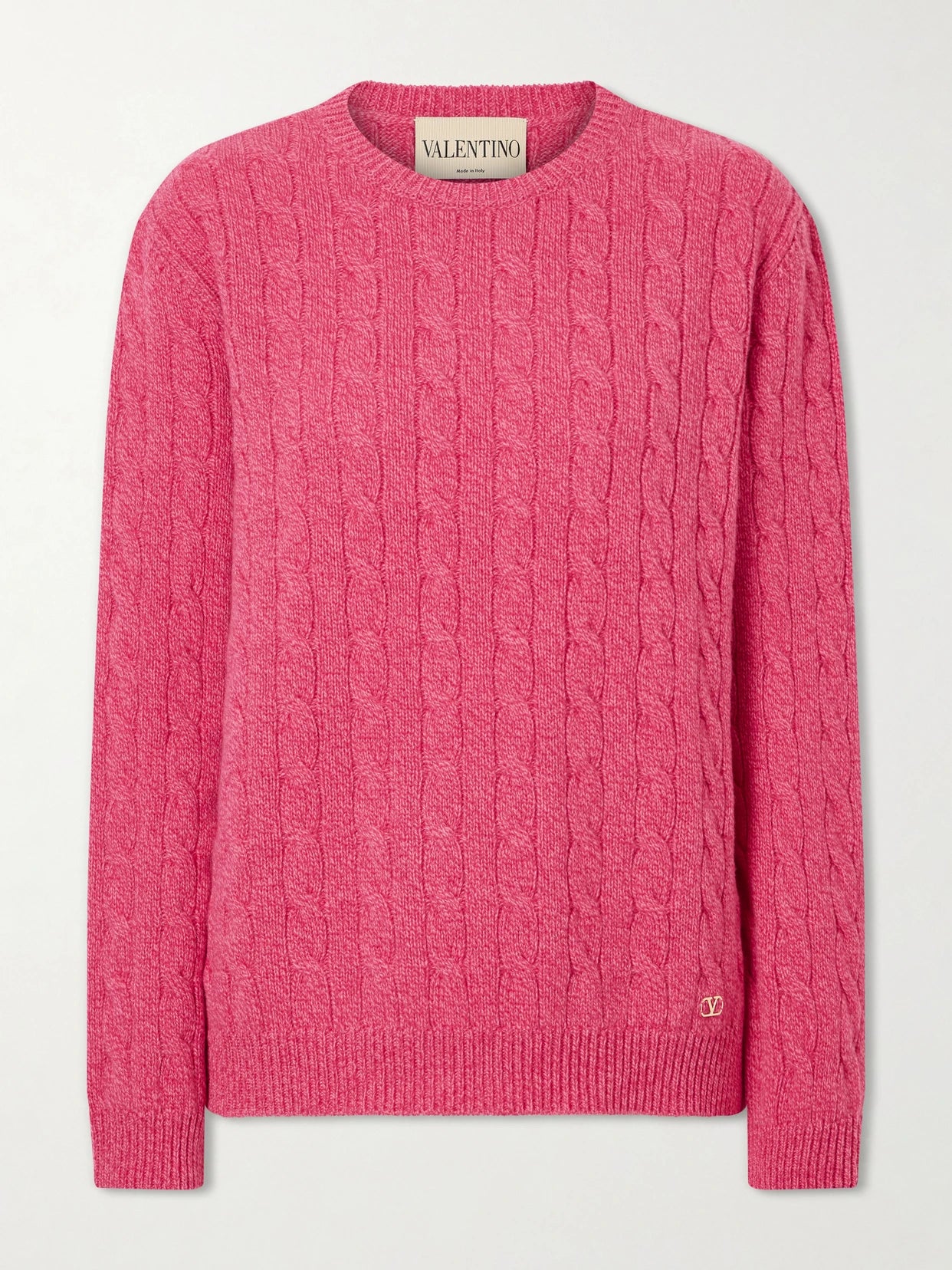 Image of a model wearing Outerwear. Product name - Cable-knit Virgin Wool Sweater in Pink colour by brand - Valentino Garavani