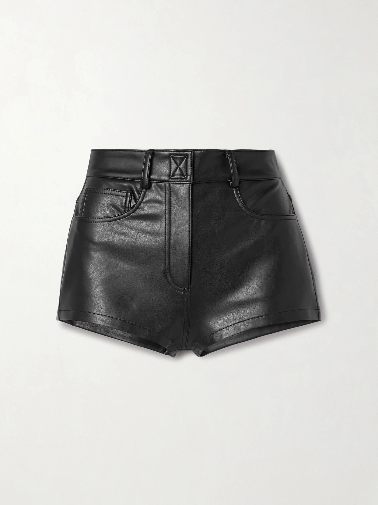 Image of a model wearing Shorts. Product name - Leather-like Shorts in Black colour by brand - Norma Kamali