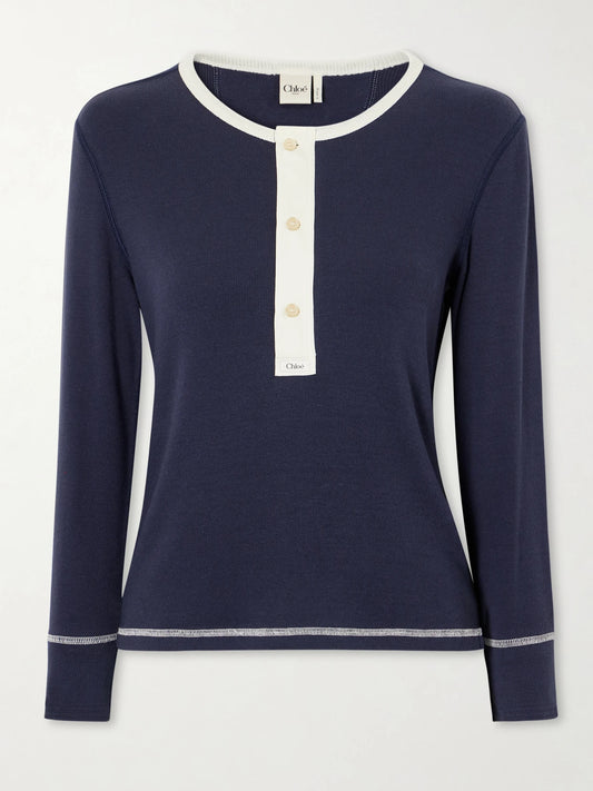 Image of a model wearing Tops. Product name - Ribbed Cotton-jersey Shirt in Navy colour by brand - Chloé