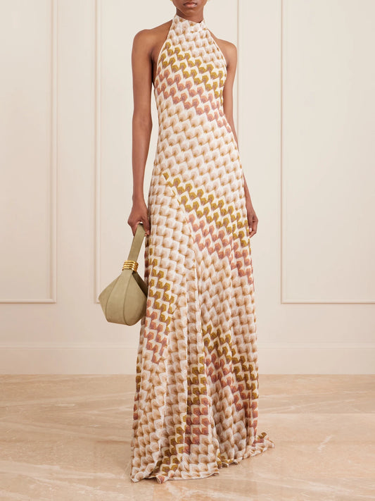 Image of Dresses. Product name - Striped Metallic Crochet-knit Halterneck Maxi Dress in Multi colour by brand - Missoni