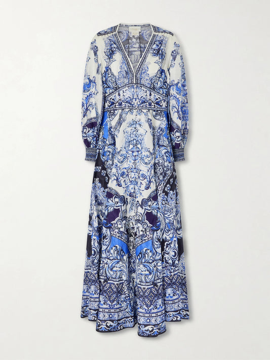 Image of Dresses. Product name - Crystal-embellished Printed Linen And Silk-blend Maxi Dress in Blue colour by brand - Camilla