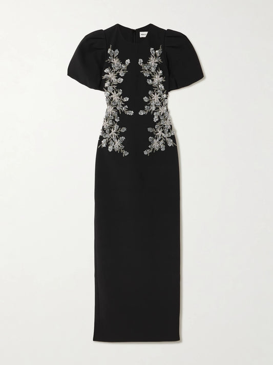 Image of Dresses. Product name - Zephyr Embellished Crepe Gown in Black colour by brand - Rebecca Vallance