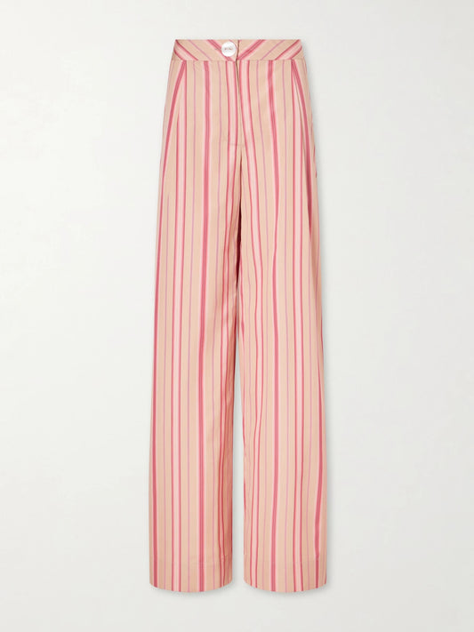 Image of a model wearing Pants. Product name - Loulou Pleated Striped Cotton-poplin Wide-leg Pants in Pink colour by brand - Thierry Colson