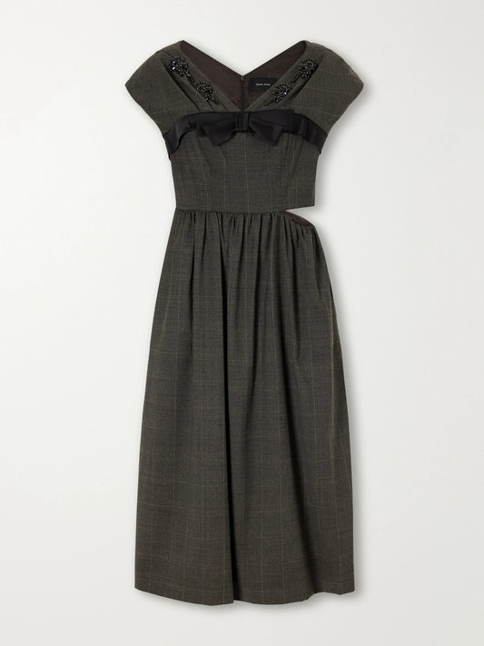 Simone Rocha Embellished Gathered Prince Of Wales Checked Wool-blend Midi Dress