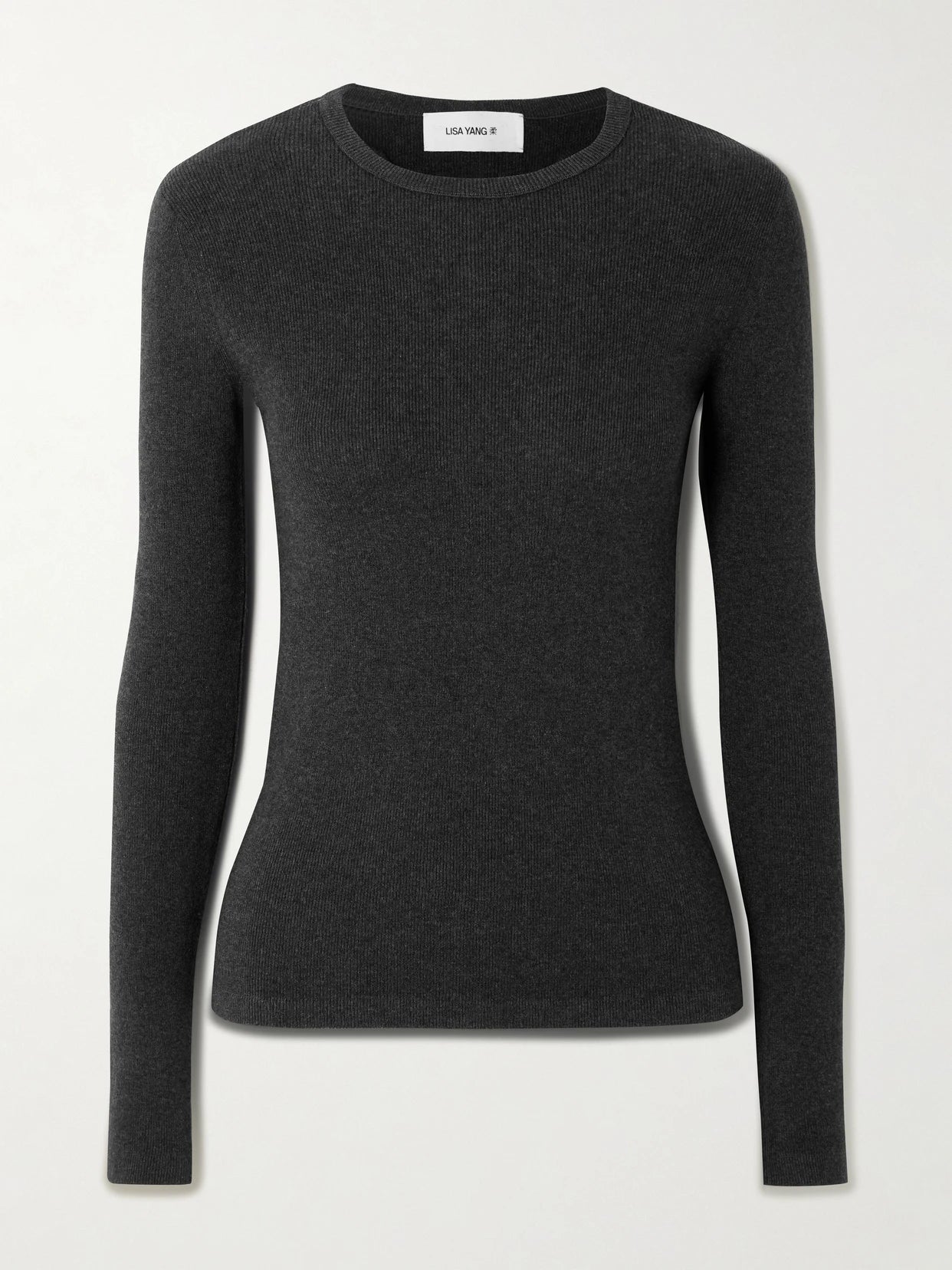 Image of a model wearing Outerwear. Product name - Vivian Ribbed Cotton And Cashmere-blend T-shirt in Charcoal colour by brand - LISA YANG