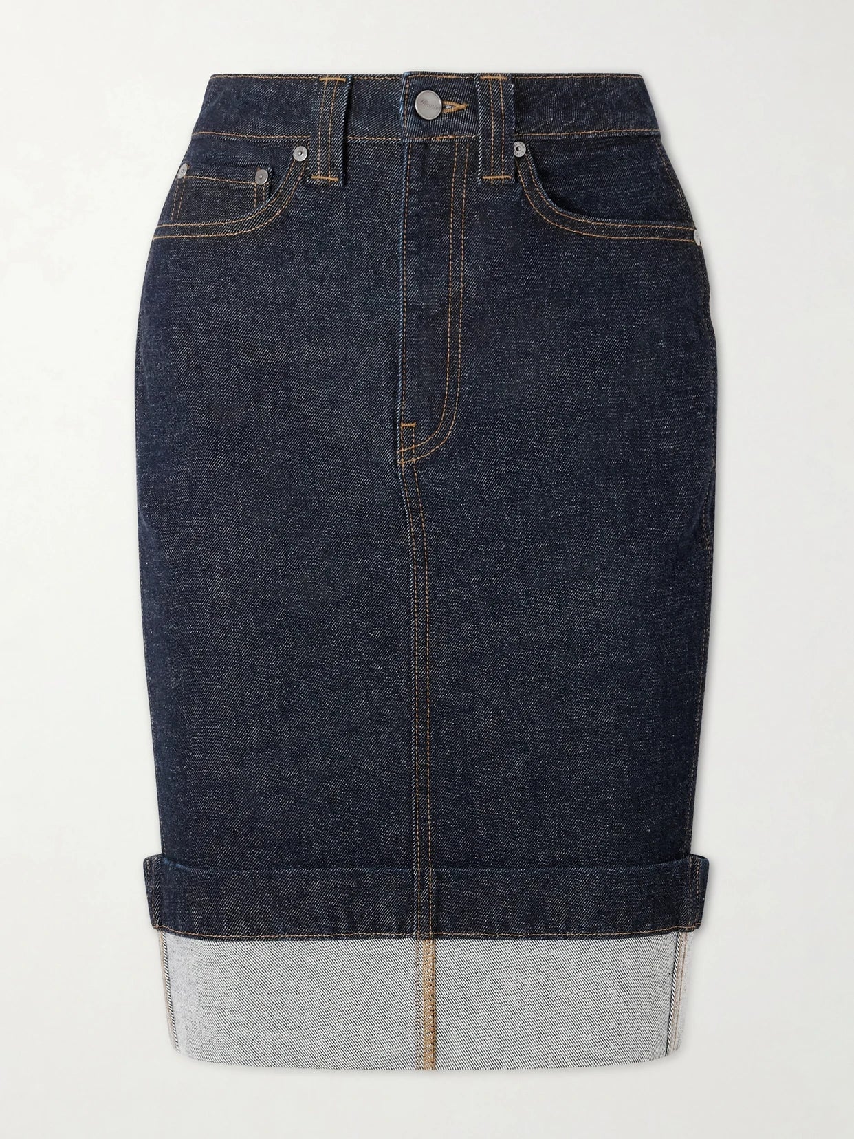 Image of Jeans. Product name - Kendra Denim Skirt in Dark denim colour by brand - KHAITE
