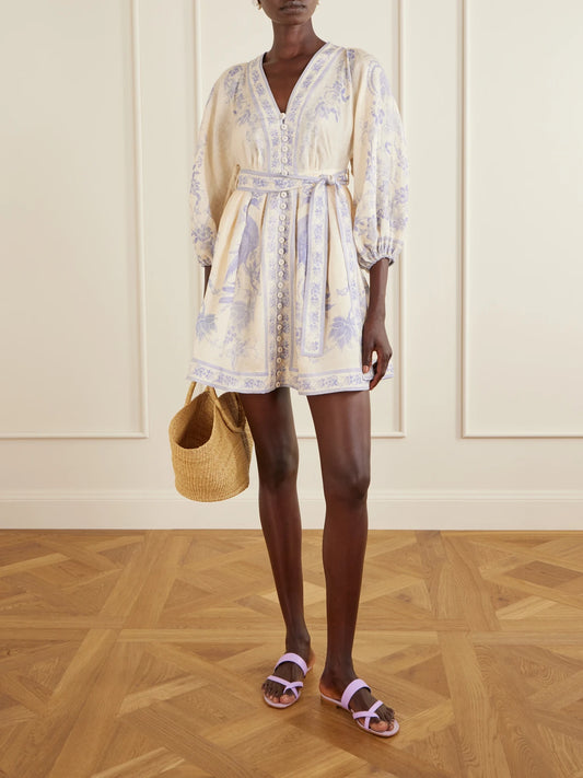 Image of Dresses. Product name - Indra Belted Floral-print Linen Mini Dress in Multi colour by brand - Zimmermann